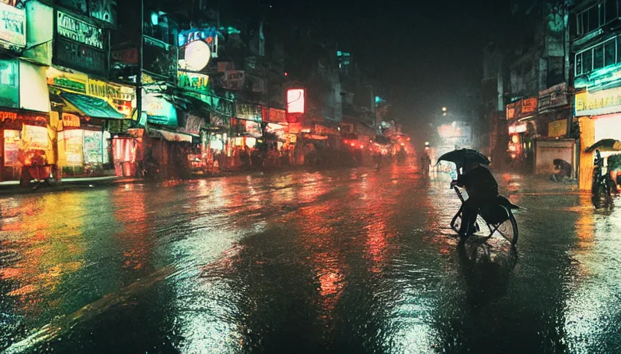 Image similar to street of hanoi photography, night, rain, mist, cinestill 8 0 0 t, in the style of william eggleston