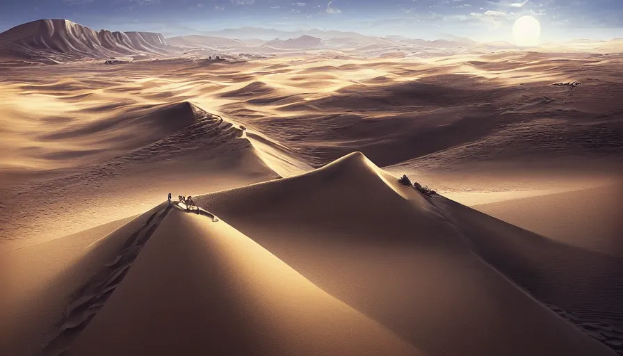 Prompt: portrait of a vast desert with sand dunes and a small castle, highly detailed, sunny, blue sky, cinematic lighting, high angle, godrays, volumetric, photorealistic, digital art painting by greg rutkowski