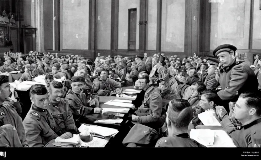 Image similar to 50s movie still of very diverse one general one officers one marshal with very detailed faces in a stalinist parlement, by Alexei Guerman, Cinestill 800t 35mm black and white, heavy grainy picture, very detailed, high quality, 4k, HD criterion, precise texture, diverse faces, diverse haircuts, diverse ages, each faces precisely define