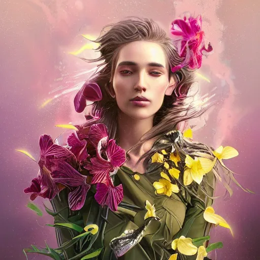 Prompt: a beautiful fine art portrait photo of a resting futuristic cyborg, wavy hair spread out, surrounded by hibiscus, daffodils, moth orchids, montsera leaves by tom bagshaw and zach sutton, soft lighting, very detailed, bionic, robotic, deep depth of field, artstation, 4K