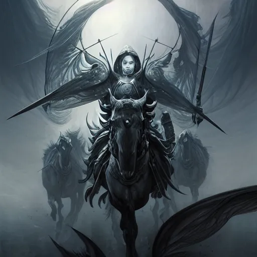 Image similar to concept art by artgerm, death of the four horsemen of the apocalypse, soft grey and blue natural light, intricate, queen of death riding, highly detailed dark art, digital painting, artstation, concept art, smooth, sharp focus, illustration, art by greg rutkowski and luis rollo and uang guangjian and gil elvgren, symmetry!