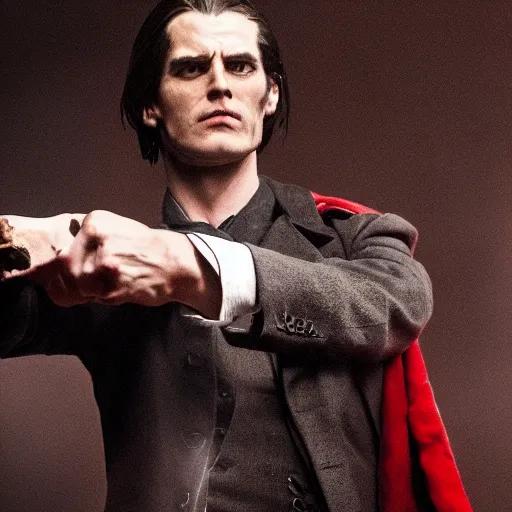 Prompt: On a gathering storm comes a tall handsome man, in a dusty black coat, with a red right hand