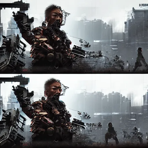Image similar to 8K detailed realistic illustration of a post-apocalyptic cyberpunk Indonesia war general in the style of Yoji Shinkawa, high resolution