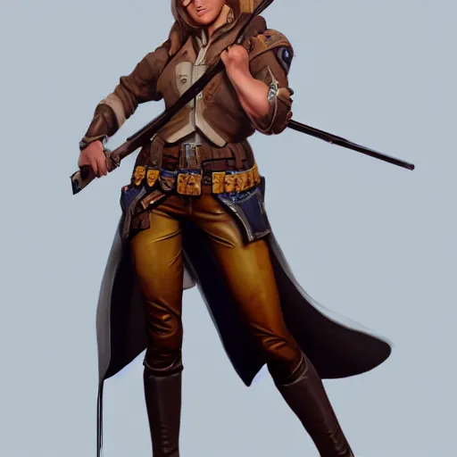 Image similar to full body, female cowgirl, perfect face, long rifle, 8 k, magic the gathering, d & d, artstation