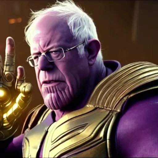 Prompt: film still of bernie sanders as thanos with the infinity gauntlet in infinity war movie, 8 k, infinity gauntlet, infinity stones