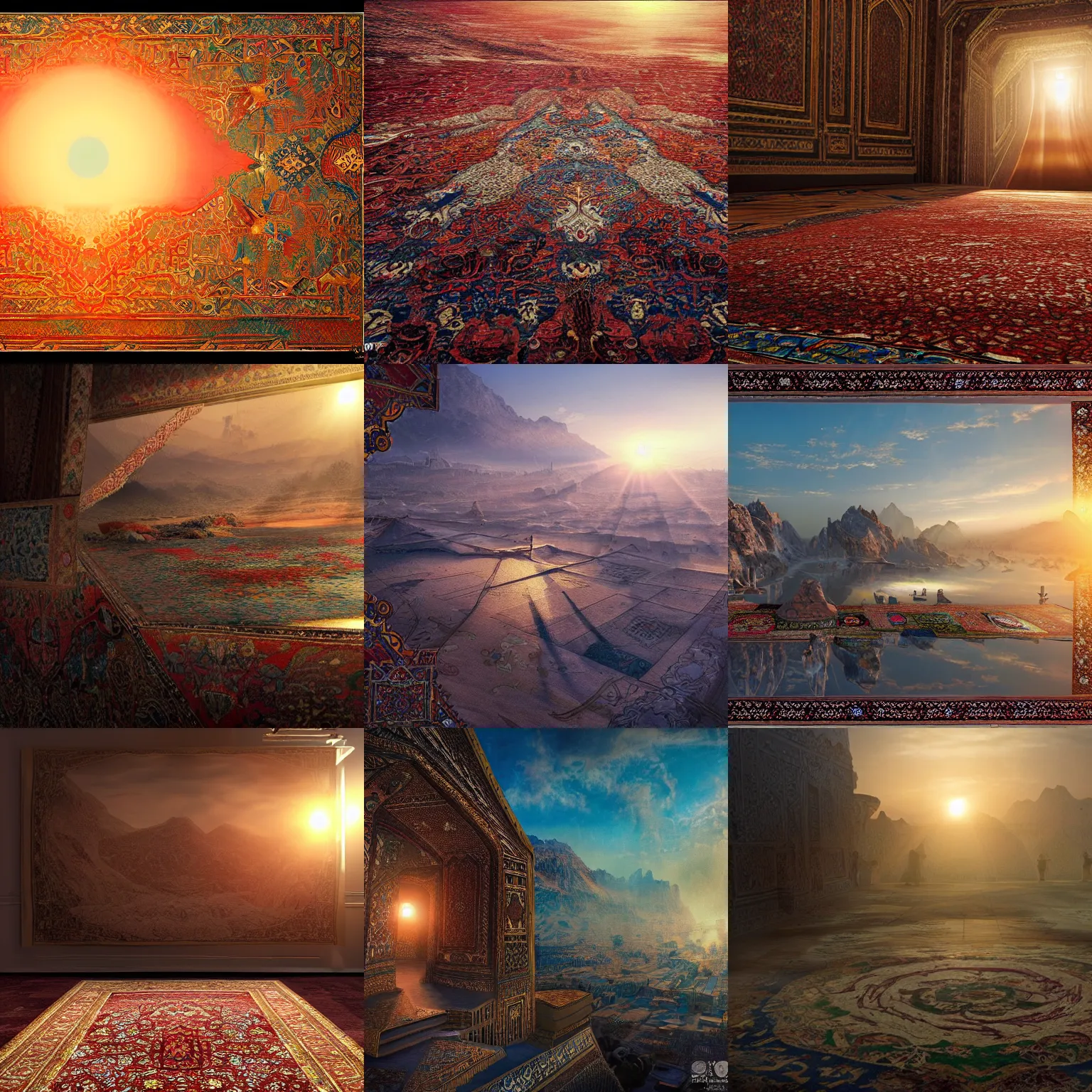 Prompt: sunrise in the Persian Carpet world, everything is carpet, photorealistic concept art, immense detail, epic, striking, featured on Artstation HD