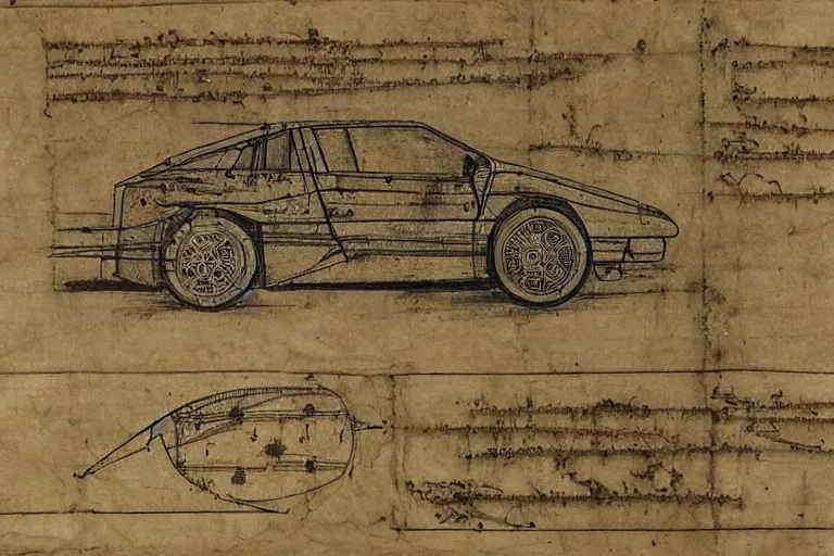 Image similar to ancient technical schematics on parchment by leonardo da vinci of a lancia 0 3 7