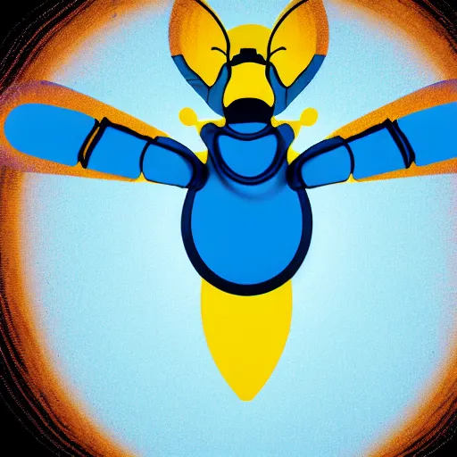 Image similar to human man that resembles a wasp morh in surreal sketch style, blue and yellow gradient, noise, ultrafine detail, hd 8k, logo illustration