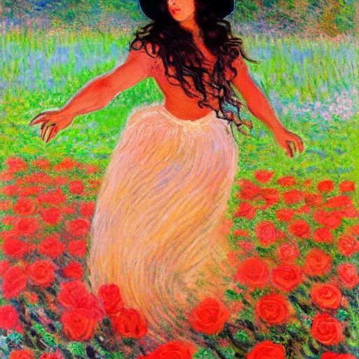 Image similar to beautiful tan mexican woman, dancing in a field of roses, full body, prominent rosy cheek bones, black hair and brown eyes, monet art style,