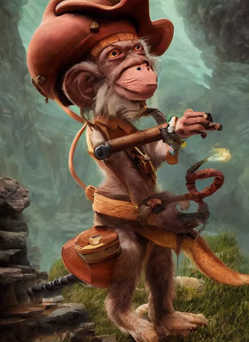 Image similar to studio ghibli pathfinder 2 e bestiary digital illustration of a goblin mixed with a monkey smoking a cigar, pirate themed, character portrait, unreal engine, hyper realism, realistic shading, cinematic composition, realistic render, octane render, detailed textures, studio lighting, photorealistic, wide shot