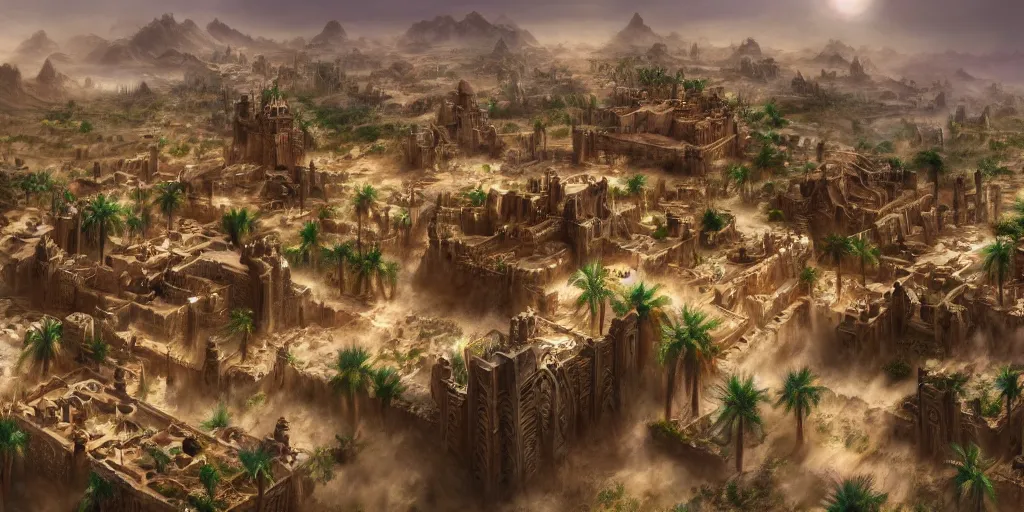 Image similar to Sprawling high fantasy oasis desert village, Cinematic Matte Painting, Insanely Detailed, Award Winning, Trending on Artstation, 8k, UHD