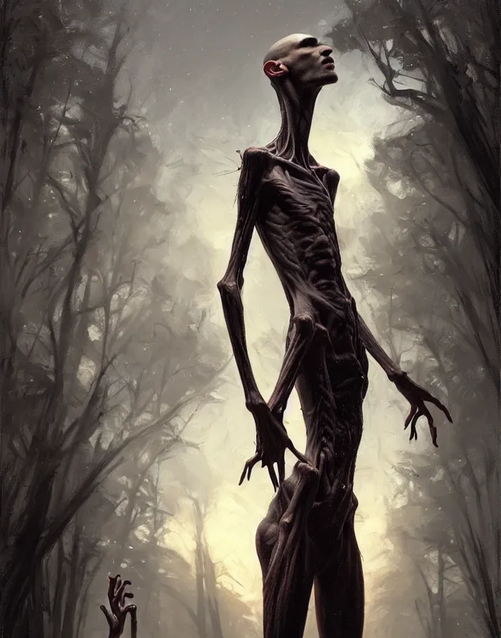 Image similar to epic portrait cinematic shot an skinny tall creature with long arms, long neck, bald, covered in dark substance, fine details. night setting. realistic shaded lighting poster by craig mullism, artgerm, jeremy lipkin and michael garmash, unreal engine, radiant light, detailed and intricate environment, digital art, trending on art station,