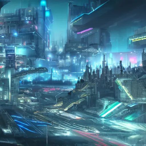 Image similar to futuristic city with neon lights and flying cars panoramic view surrounded by post apocalyptic wasteland, concept art, 4 k, intricate detail, sharp focus