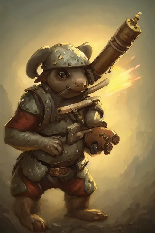 Image similar to cute little anthropomorphic Guinea Pig Soldier wielding a rocket launcher, tiny, small, short, pixelated army camouflage, cute and adorable, pretty, beautiful, DnD character art portrait, matte fantasy painting, DeviantArt Artstation, by Jason Felix by Steve Argyle by Tyler Jacobson by Peter Mohrbacher, cinematic lighting