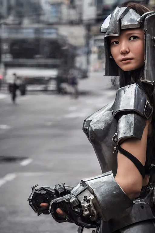 Image similar to portrait cinematography of beautiful young female, clothed in sci-fi military armor, long hair blowing in the wind. Giant mechs in the streets of Hong Kong. by Anita Sadowska