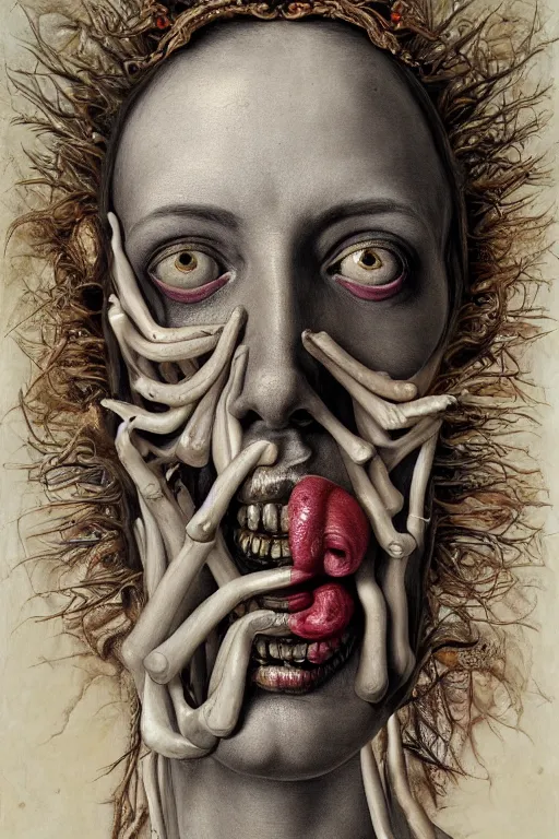 Image similar to Detailed maximalist portrait of a greek god with large lips and eyes, scared expression, botanical anatomy, skeletal with extra flesh, HD mixed media, 3D collage, highly detailed and intricate, surreal illustration in the style of Jenny Saville, dark art, baroque, centred in image