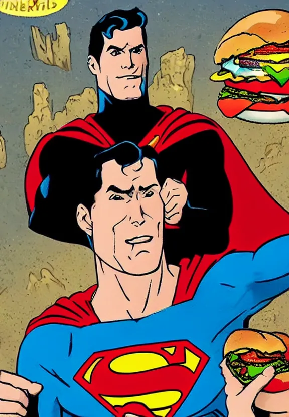 Image similar to superman eating a hamburger in his fortress of solitude