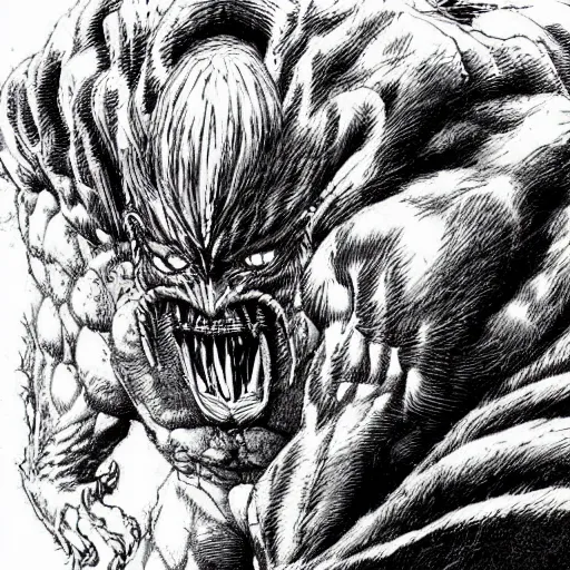 Prompt: a stunning illustration by kentaro miura of a frightening beast