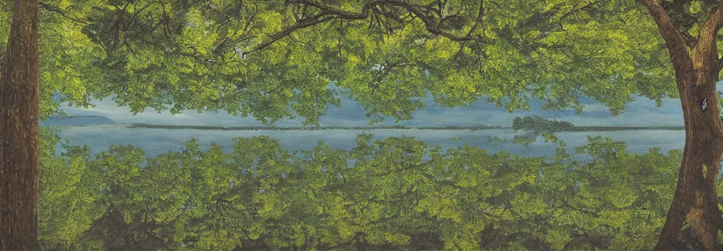 Prompt: escher painting of a lake, big trees reflecting on lake surface, ultra sharp, ultra detailed, colorized by salvador