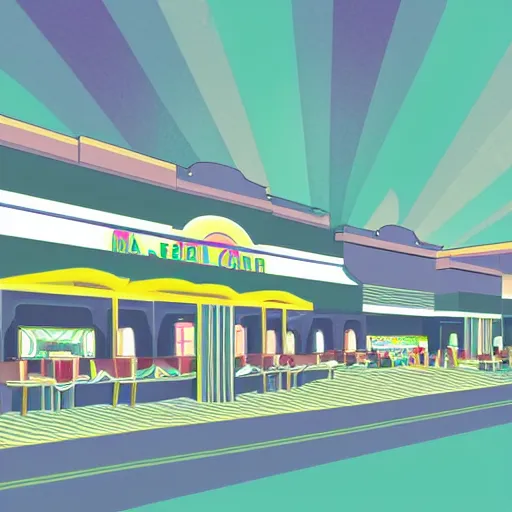 Image similar to art deco vaporwave illustration of a mall food court in pastel colors