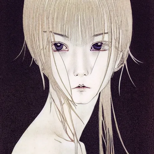 Image similar to prompt: Fragile looking soft light portrait face drawn by Takato Yamamoto and Katsuhiro Otomo, inspired by Ghost in Shell anime, magical and alchemical objects on the side, soft light, monochrome background, intricate detail, intricate ink painting detail, sharp high detail, manga and anime 2000