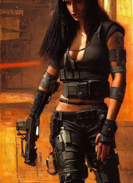 Image similar to 👩🏾🏭. cyberpunk mercenary in a military vest ( blade runner 2 0 4 9, cyberpunk 2 0 7 7 ). orientalist portrait by john william waterhouse and james gurney and theodore ralli and nasreddine dinet, oil on canvas. cinematic, hyper realism, realistic proportions, dramatic lighting, high detail 4 k