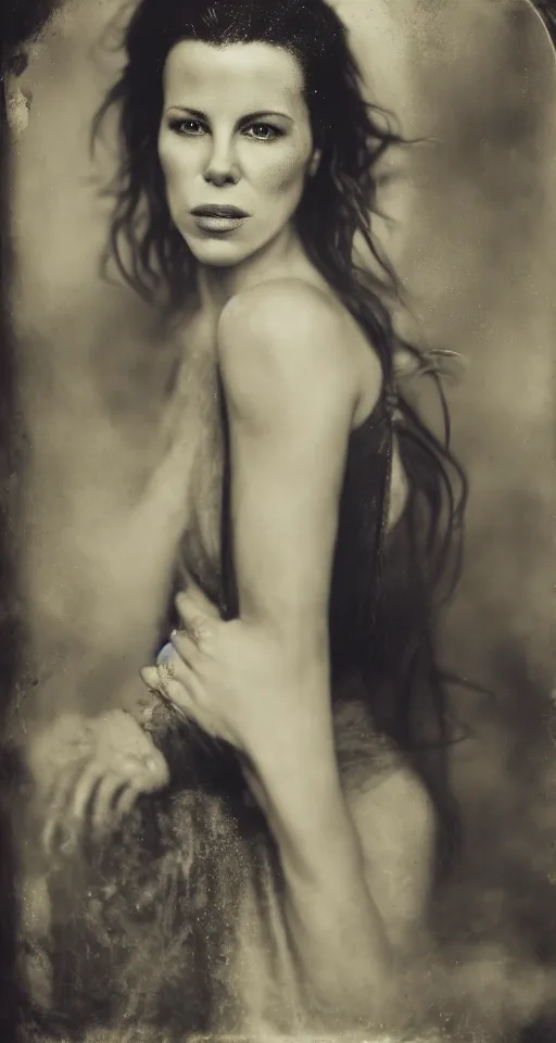 Prompt: wet plate photograph, a portrait of Kate Beckinsale