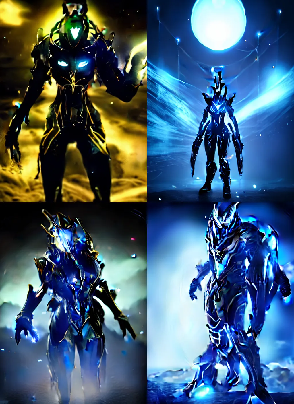 Prompt: warframe!! standing in a field at night, night time, moonlight, dark blue sky, finely illustrated, highly detailed, octane render, glowing bio lights, glowing eyes, good value control, good edge control, anime, animation, watercolor texture 8 k, segmented armor, segmented organic armor, moody lighting