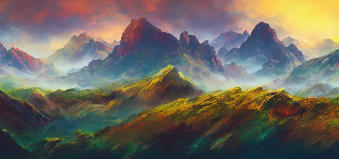 Image similar to vast mountain landscape, craggy mountains, magic the gathering, three - colors, three - color color palette, panoramic, wide angle, horizon, highly detailed