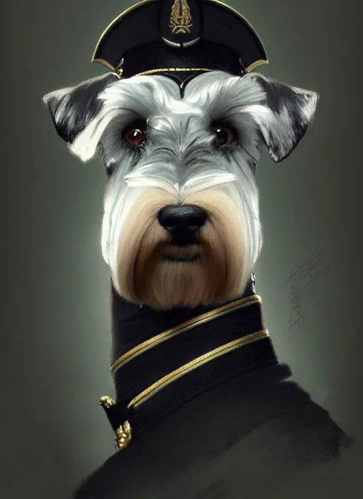 Image similar to portrait of stoic looking miniature schnauzer, military uniform, black fir, white eyebrows, fantasy, intricate, elegant, highly detailed, centered, dark, smokey, digital painting, artstation, concept art, smooth, sharp focus, illustration, art by artgerm and greg rutkowski and alphonse mucha