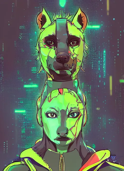 Image similar to digital artwork of anthromorphic hyena female drawn in style of dai. dai, fursona, furry fandom, neon rainy cyberpunk setting, anthro, wearing cyberpunk 2 0 7 7 jacket, detailed face,