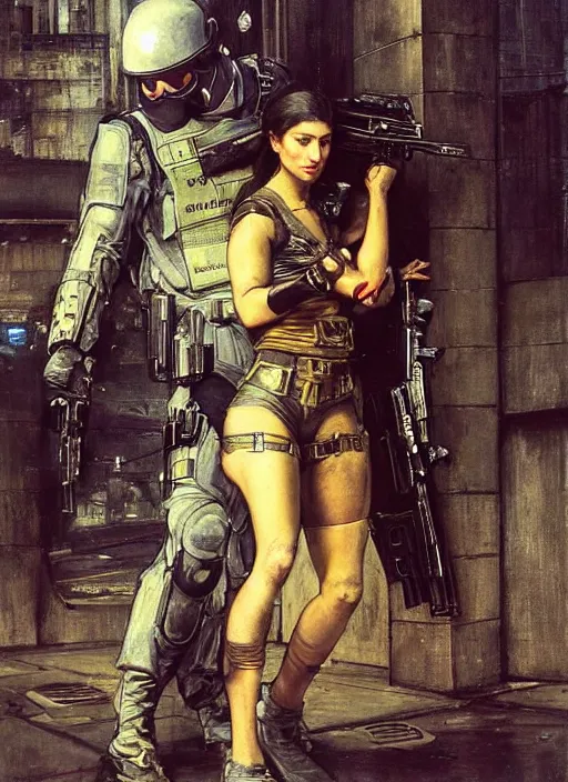 Image similar to maria evades sgt rhodes. Cyberpunk hacker escaping Menacing Cyberpunk police trooper wearing a combat vest. Rainy streets (dystopian, police state, Cyberpunk 2077, bladerunner 2049). Iranian orientalist portrait by john william waterhouse and Edwin Longsden Long and Theodore Ralli and Nasreddine Dinet, oil on canvas. Cinematic, vivid colors, hyper realism, realistic proportions, dramatic lighting, high detail 4k