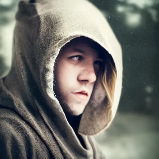 Image similar to portrait of a mysterious wizard with a Hood, bright eyes, fantasy, bokeh, magic lights, cinematic