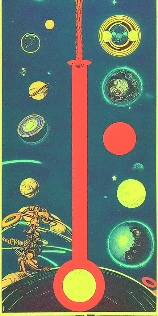 Prompt: 1968 science fiction tarot card, cut out collage, neon Roman, spring on Saturn, epic theater, deep sea, mountain plants, drawings in part by moebius, part by Ernst Haekl, text by William S Boroughs