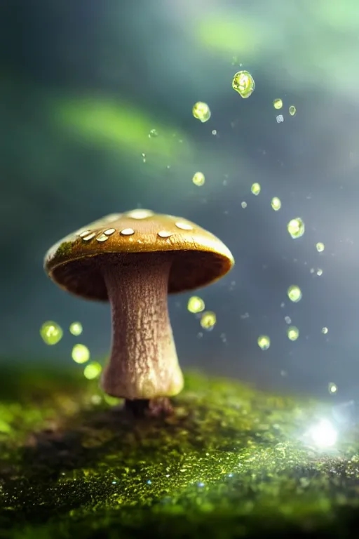 Image similar to a tiny cute mushroom dragon, dewdrops, macro, dramatic lighting, cinematic, establishing shot, extremely high detail, foto realistic, cinematic lighting, post processed, concept art, high details, cinematic, 8k resolution, beautiful detailed, photorealistic, digital painting, artstation, concept art, smooth, sharp focus, artstation trending, octane render, unreal engine