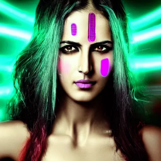 Image similar to Katrina Kaif, neon face tattoo, cyberpunk background, straight hairstyle, white eyes, blonde hair, realistic render, short hair, unreal engine render, Icaro Carvalho