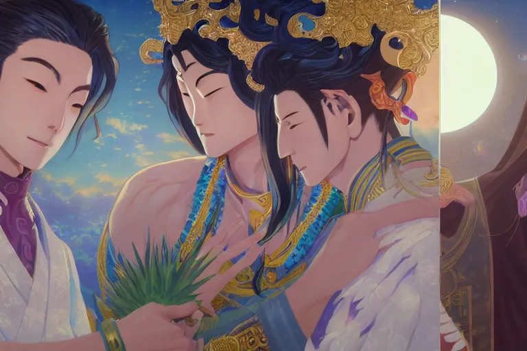 Image similar to close up moment of a divine a japan sun god and a moon goddess lovers magician at a wedding banquet, highly detailed, genshin, fantasy, 4 k realistic, digital painting, trending on artstation, concept art, sharp focus, illustration, art by makoto shinkai and akihiko yoshida and daniel gerhartz