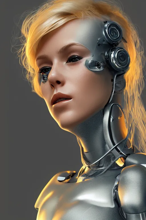 Prompt: a beautiful woman with blonde hair wearing robot suit with wires and light, highly detailed, photorealistic, artstation, smooth