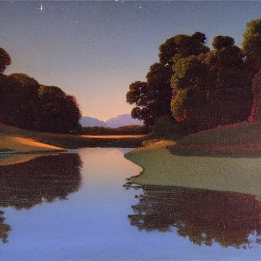 Image similar to night sky reflected in the water, landscape painting by maxfield - parrish