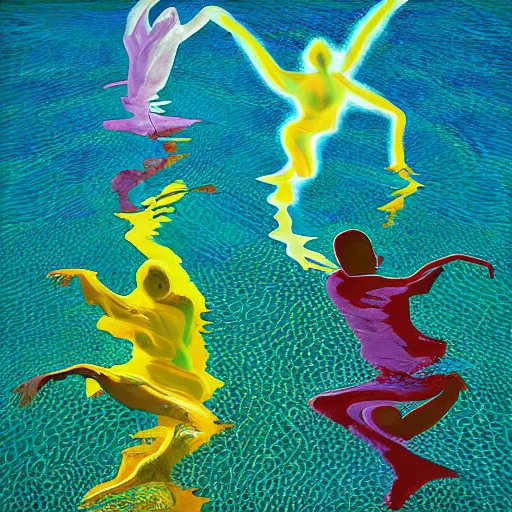 Image similar to liquid people dancing under the sea by lynda benglis, hyperrealistic, shadows, high detail, digital art