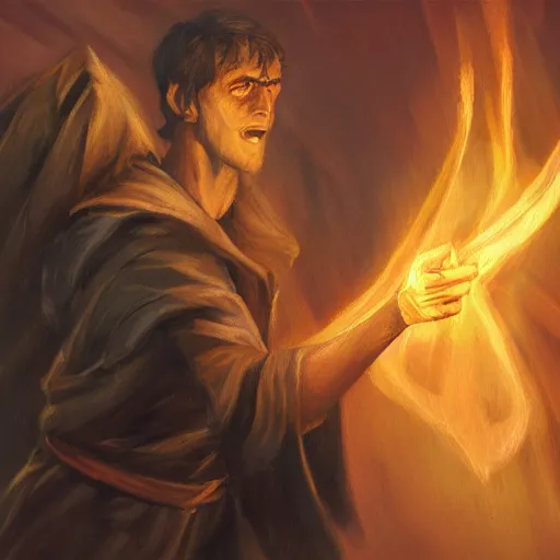 Prompt: concept art of a sorcerer casting a fire spell, dramatic