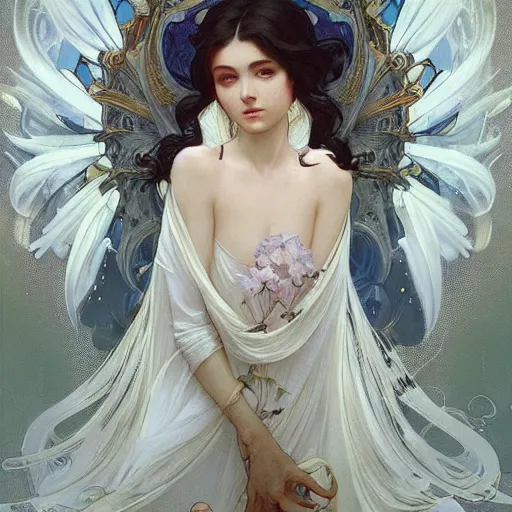 Image similar to a beautiful painting of a beautiful angel by ross tran!! and alphonse mucha and greg rutkowski! and gustav dore! and artgerm!!, in style of digital art illustration. symmetry. highly detailed face. fantasy, smooth, hyper detailed, sharp focus, soft light. trending on artstation. 4 k