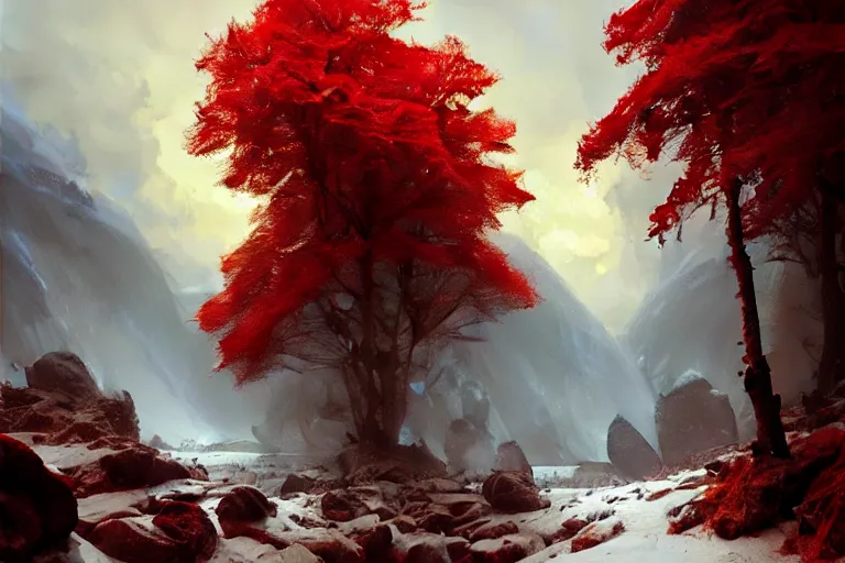 Image similar to a beautiful oil painting of a rocky valley covered in snow, trees with red leaves, thunderstorm in the sky, blue lighting, gloomy, atmospheric lighting, detailed, by greg rutkowski, trending on artstation