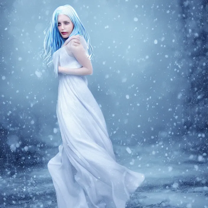 Image similar to full body portrait of a woman with pale blue hair wearing a long white dress made out of snowflake in the middle of a heavy snowstorm. pale, sickly looking, hypothermia. digital art by maromi sagi