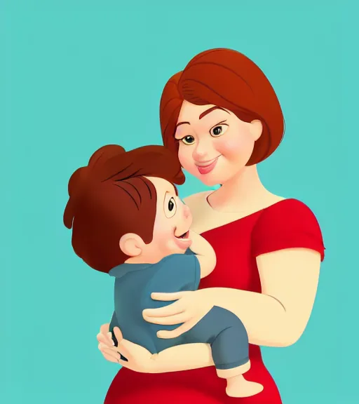 Image similar to a mother with short shoulder length auburn hair, short and curvy and a slightly chubby face holding her infant son with short brown hair full color digital illustration disney / pixar animation 4 k