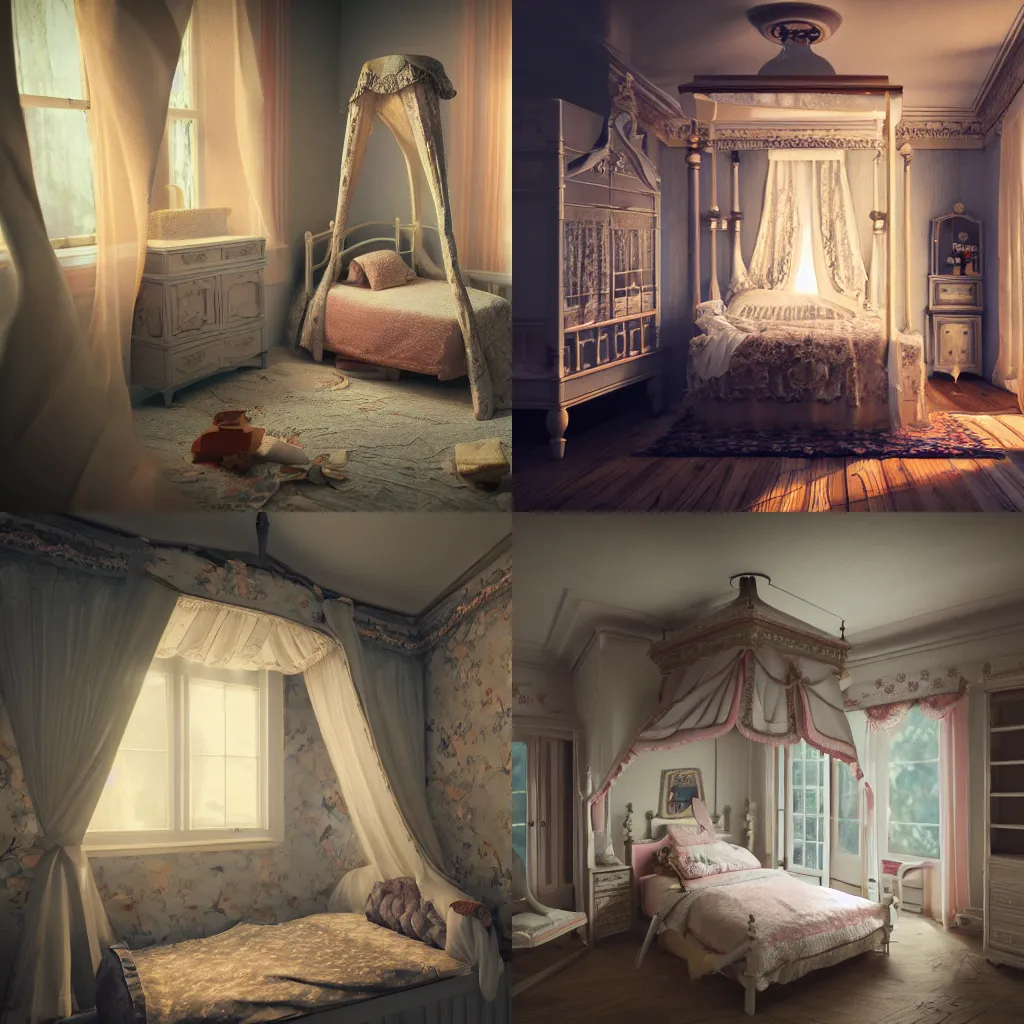 Prompt: photo of a Victorian dollhouse, bedroom with a canopy bed, interior view, extreme details, soft lighting, crepuscular rays, realistic octane render, 8k