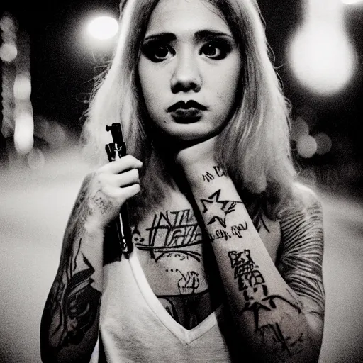 Image similar to beautiful young woman with gutterpunk pen ink face tattoos stares at the camera, night sky, stars in background, bruce gilden, leica s, fuji 8 0 0, grainy, low light