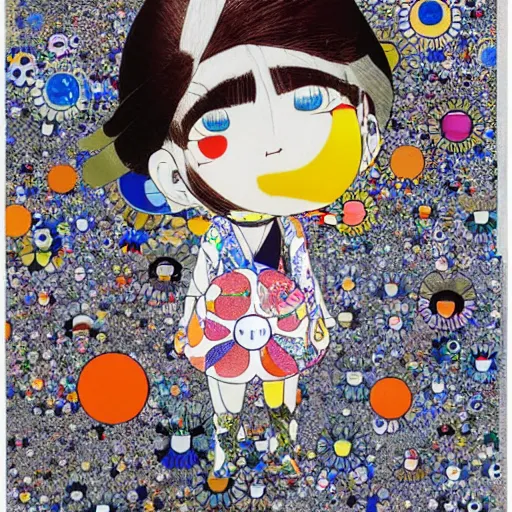 Image similar to by takashi murakami paper embossing, field of view forbidding. a collage of a young woman holding an orange