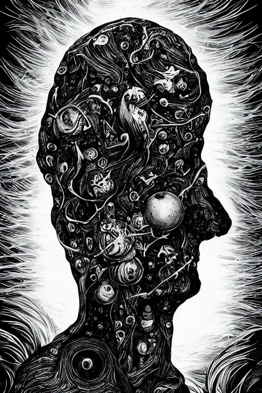 Image similar to black and white illustration, creative design, body horror, cosmic monster