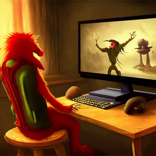 Prompt: Rat clown Joker sitting on gamers chair on gaming computer typing on led keyboard, gaming, gamers keyboard, dark and gloom, extremely detailed oil painting, unreal 5 render, rhads, Bruce Pennington, Studio Ghibli, tim hildebrandt, cinematic, octane render, beautiful composition, trending on artstation, award-winning photograph, masterpiece